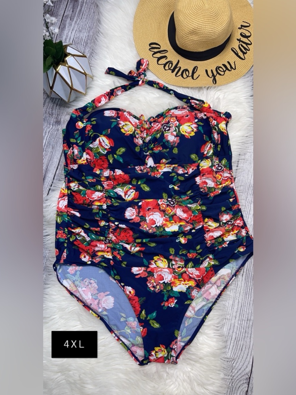 Plus size 4XL Navy Floral Ruched One-Piece Swimsuit